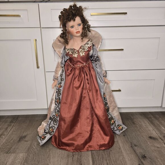 William Tung Porcelain Victorian Doll With Ornate Gown & Detailed Embroidery 32" - Picture 2 of 8